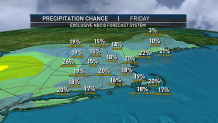 A map showing precipitation chances across New England on Friday, Dec. 31, 2021.