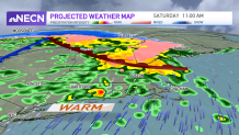 A map showing a warm front expected to move through on Saturday, Dec. 11, 2021