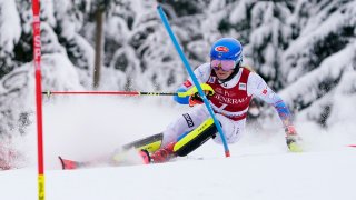 FILE - United States' Mikaela Shiffrin competes during the first run of an alpine ski, World Cup women's slalom in Kranjska Gora, Slovenia, Sunday, Jan. 9, 2022. Shiffrin is hoping to enter all five individual Alpine skiing races at the Beijing Olympics and add to her career total of three Winter Games medals. The 26-year-old American could be the star of the show but she will be challenged by Slovakia's Petra Vlhova and Italy's Sofia Goggia.