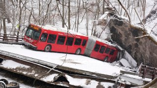 This is a Pittsburgh Transit Authority bus that was on the Fern Hollow Bridge in Pittsburgh when it collapsed Friday morning Friday, Jan. 28, 2022.