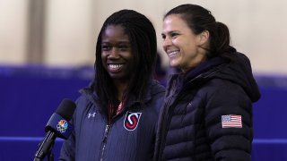 MILWAUKEE, WISCONSIN – JANUARY 09: Erin Jackson and Brittany Bowe speak to the media during the 2022 U.S. Speedskating Long Track Olympic Trials at Pettit National Ice Center on January 09, 2022 in Milwaukee, Wisconsin. (Photo by Stacy Revere/Getty Images)