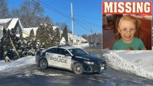 Police in Manchester, New Hampshire, blocking off a road in the search for missing 7-year-old girl Harmony Montgomery (inset) at her last known residence.