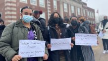Students who walked out of Boston's New Mission High School on Friday, Jan. 14, 2021, as part of a protest over COVID safety protocols in the district.