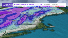 A map showing expected snowfall in New England by Tuesday, Jan. 18, 2022.