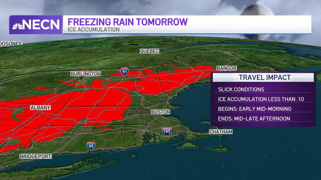 A map showing where freezing rain is possible in New England Sunday, Jan. 9, 2022.