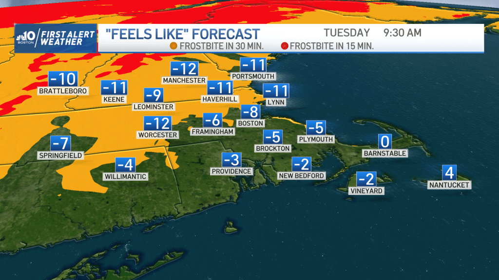 A map showing the "feels like" forecast across New England on Tuesday, Jan. 11, 2022, with how quickly frostbite can set in.