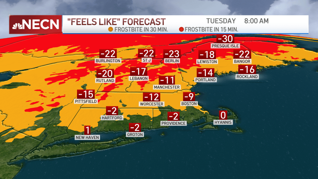 A map showing the "feels like" forecast across New England on Tuesday, Jan. 11, 2022, with how quickly frostbite can set in.