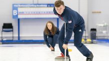 Jennifer Dodds and Bruce Mouat on the ice during the Team Great Britain Beijing Olympic Winter Games Curling team announcement at the National Curling Academy. (Photo by Jane Barlow/PA Images via Getty Images)