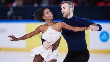 Vanessa James and Eric Radford of Canada compete in Pairs Short Program during the ISU Grand Prix of Figure Skating - Internationaux de France at Polesud Ice Skating Rink.