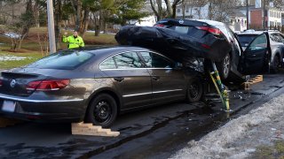 A three-vehicle crash in Hingham, Massachusetts, on Thursday, Jan. 13, 2022.