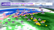 A map showing expected rain and snow intensity in New England on Monday, Jan. 17, 2022.