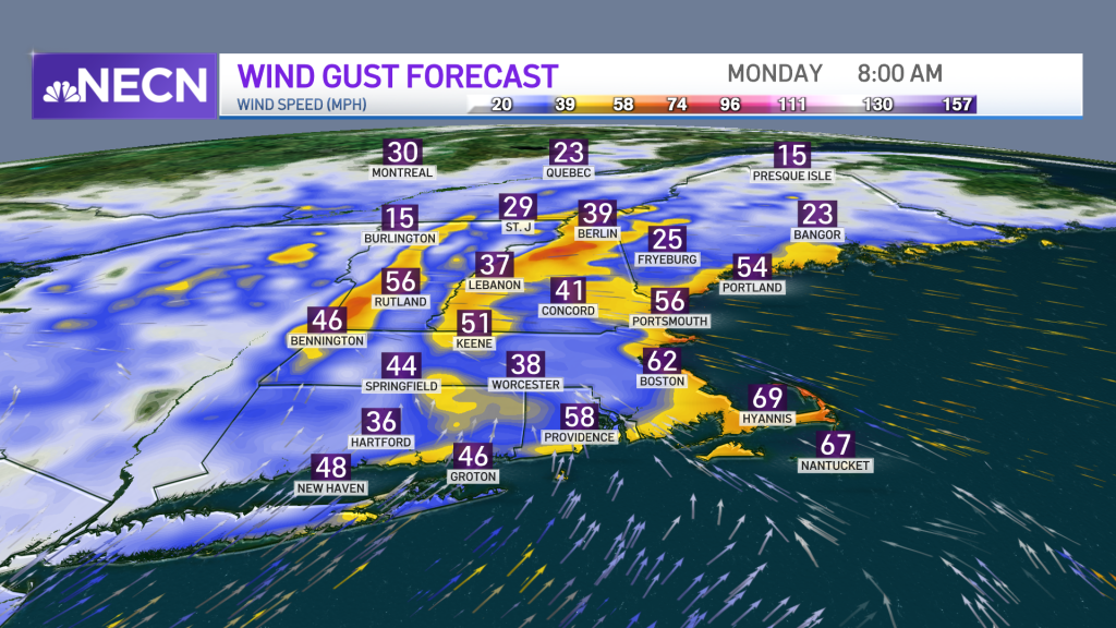 A map showing expected wind gusts on Monday morning, Jan. 17, 2022.