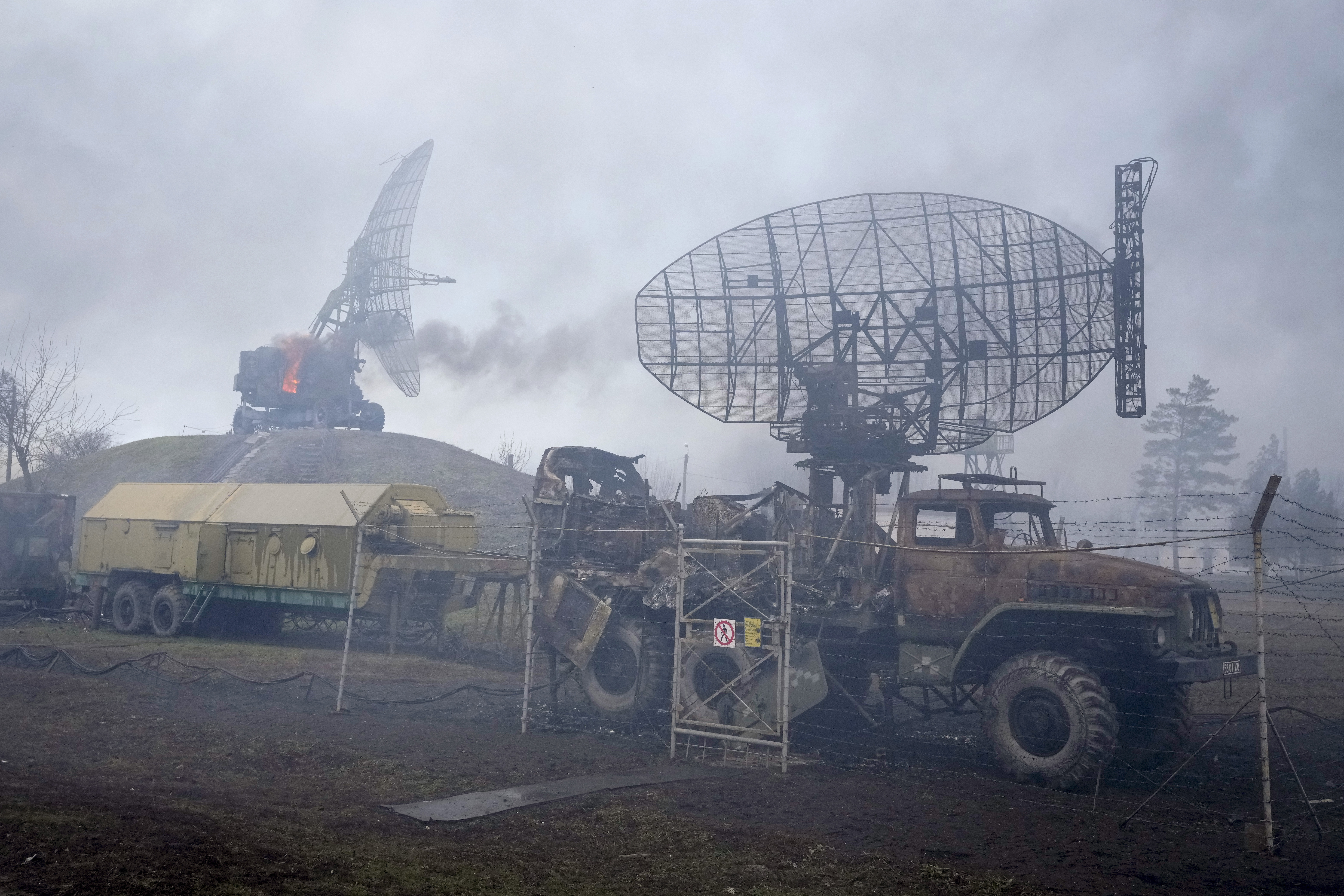 Damaged radar arrays and other equipment is seen at a Ukrainian military facility outside Mariupol, Ukraine, Thursday, Feb. 24, 2022.