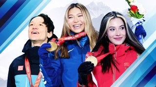 An image of speed skater Nils Van Der Poel, snowboarder Chloe Kim and freestyle skier Eileen Gu.