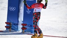 Austria's Benjamin Karl reacts after his run in the snowboard men's parallel giant slalom semi-finals during the 2022 Winter Olympics at the Genting Snow Park P & X Stadium in Zhangjiakou on Feb. 8, 2022.