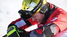 Austria's Benjamin Karl reacts after winning the snowboard men's parallel giant slalom final during the 2022 Winter Olympics at the Genting Snow Park P & X Stadium in Zhangjiakou, China on Feb. 8, 2022.