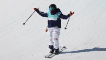 Darian Stevens of Team United States reacts after crashing during the Women's Freestyle Skiing Freeski Big Air Final on day four of the 2022 Winter Olympics at Big Air Shougang on Feb. 8, 2022, in Beijing, China.