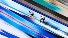 Seitaro Ichinohe of Team Japan skates ahead of Joey Mantia of Team USA