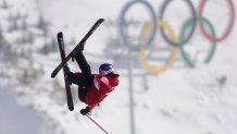 Eileen Gu of Team China performs a trick during the Women's Freestyle Skiing Freeski Slopestyle final on day 11 of the 2022 Winter Olympics at Genting Snow Park on Feb. 15, 2022, in Zhangjiakou, Hebei Province of China.
