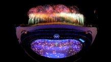 A firework display is seen above the stadium during the Beijing 2022 Winter Olympics Closing Ceremony, Feb. 20, 2022, in Beijing, China.