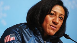 Elana Meyers Taylor speaking at press conference