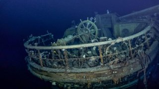 In this photo issued by Falklands Maritime Heritage Trust, a view of the taffrail, ship’s wheel and aft well deck of the Endurance wreckage.