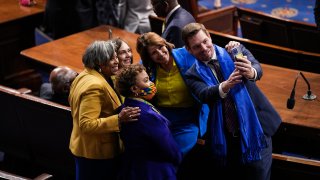 (L-R) Democratic Representatives ahead of US President Joe Biden's State of the Union Address to Congress in the Capitol on March 01, 2022 in Washington, DC.