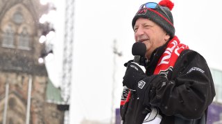 OTTAWA, ON - DECEMBER 15: Ottawa Senators owner Eugene Melnyk talks to skaters during the 2017 Scotiabank NHL100 Classic Eugene Melnyk Skate for kids on Parliament Hill on December 15, 2017 in Ottawa, Canada.