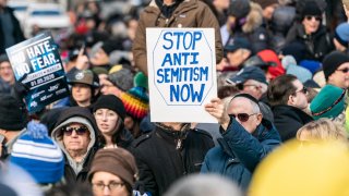 People participate in a Jewish solidarity march on Jan. 5, 2020 in New York City.