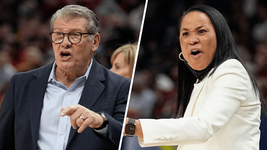 UConn head coach Geno Auriemma (right) and South Carolina head coach Dawn Staley (left) react during the first half of a college basketball game in the semifinal round of the Women’s Final Four NCAA tournament Friday, April 1, 2022, in Minneapolis.