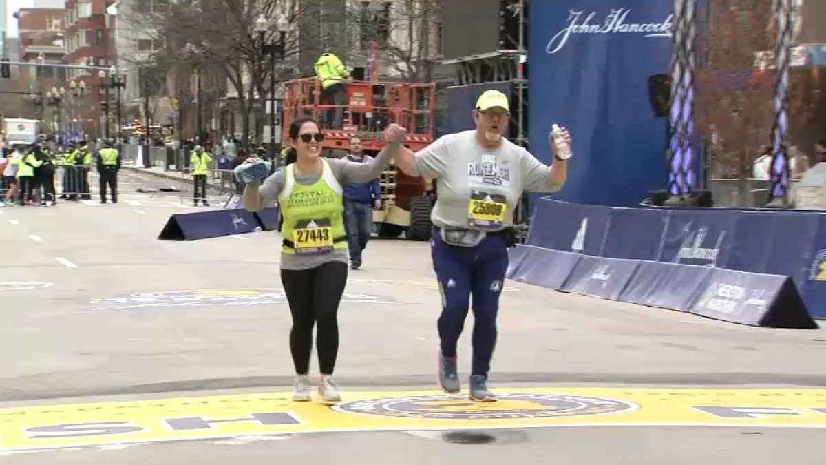 Boston Marathon 2022 Runners at Back of Pack Push Each Other to Cross