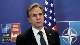 US State Secretary Antony Blinken speaks to the media during a meeting of NATO foreign ministers in Riga, Latvia on November 30, 2021.