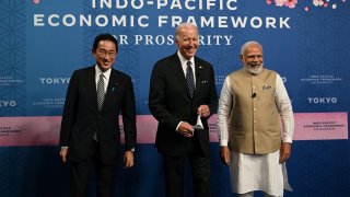 From L-R: Japan’s Prime Minister Fumio Kishida, US President Joe Biden, and India’s Prime Minister Narendra Modi attend the Indo-Pacific Economic Framework for Prosperity at the Izumi Garden Gallery in Tokyo on May 23, 2022.