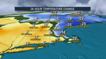 A map showing the 24-hour change in temperature across New England, with some areas in Maine dropping 20 degrees or more, while temperatures in the south and west of the region rose, in some spots by 10 degrees or more.