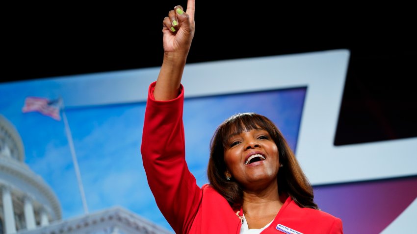 Kathy Barnette takes part in a forum for Republican candidates for U.S. Senate in Pennsylvania at the Pennsylvania Leadership Conference in Camp Hill, Pa., Saturday, April 2, 2022.