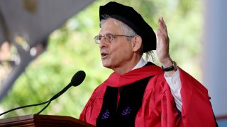 Attorney General Merrick Garland speaks at a Harvard Commencement ceremony held for the classes of 2020 and 2021, Sunday, May 29, 2022, in Cambridge, Mass.