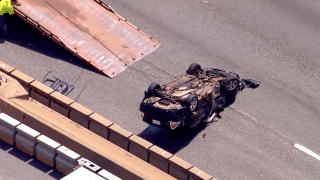 A crashed car on I-93 in Quincy, Massachusetts, on Thursday, May 12, 2022.