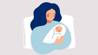 An illustration showing a mother holding a newborn baby in her arms.