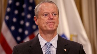 BOSTON, MA – April 19: Governor Charlie Baker speaks about taxes at the State House on April 19, 2022 in Boston, Massachusetts. (Photo by Matt Stone/MediaNews Group/Boston Herald via Getty Images)