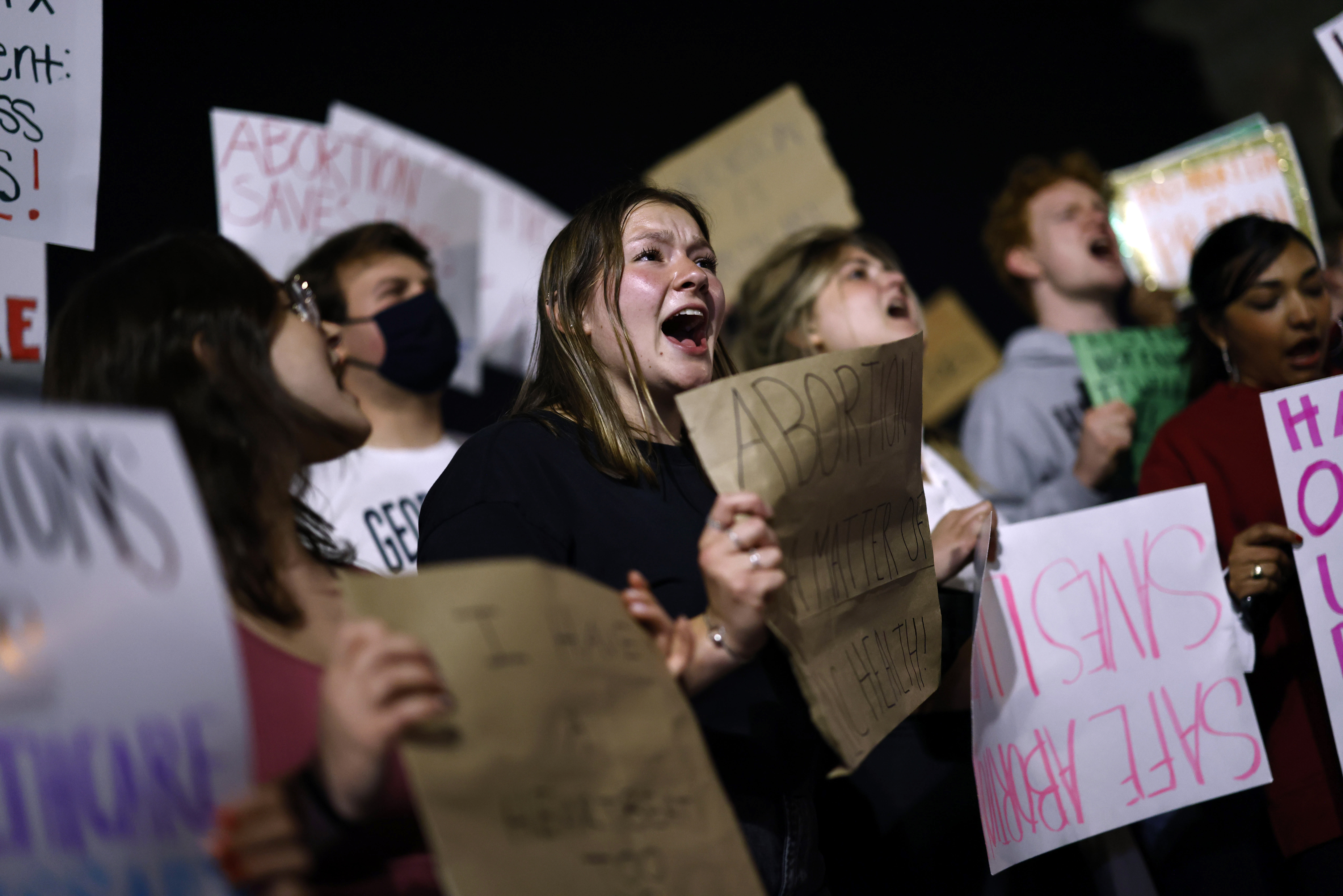 Demonstrators outside the U.S. Supreme Court in Washington, D.C., U.S., early on Tuesday, May 3, 2022. Abortion rights suddenly emerged as an issue that could reshape the battle between Democrats and Republicans for control of Congress, following a report that conservatives on the U.S. Supreme Court were poised to strike down the half-century-old Roe v. Wade precedent. Photographer: Ting Shen/Bloomberg via Getty Images