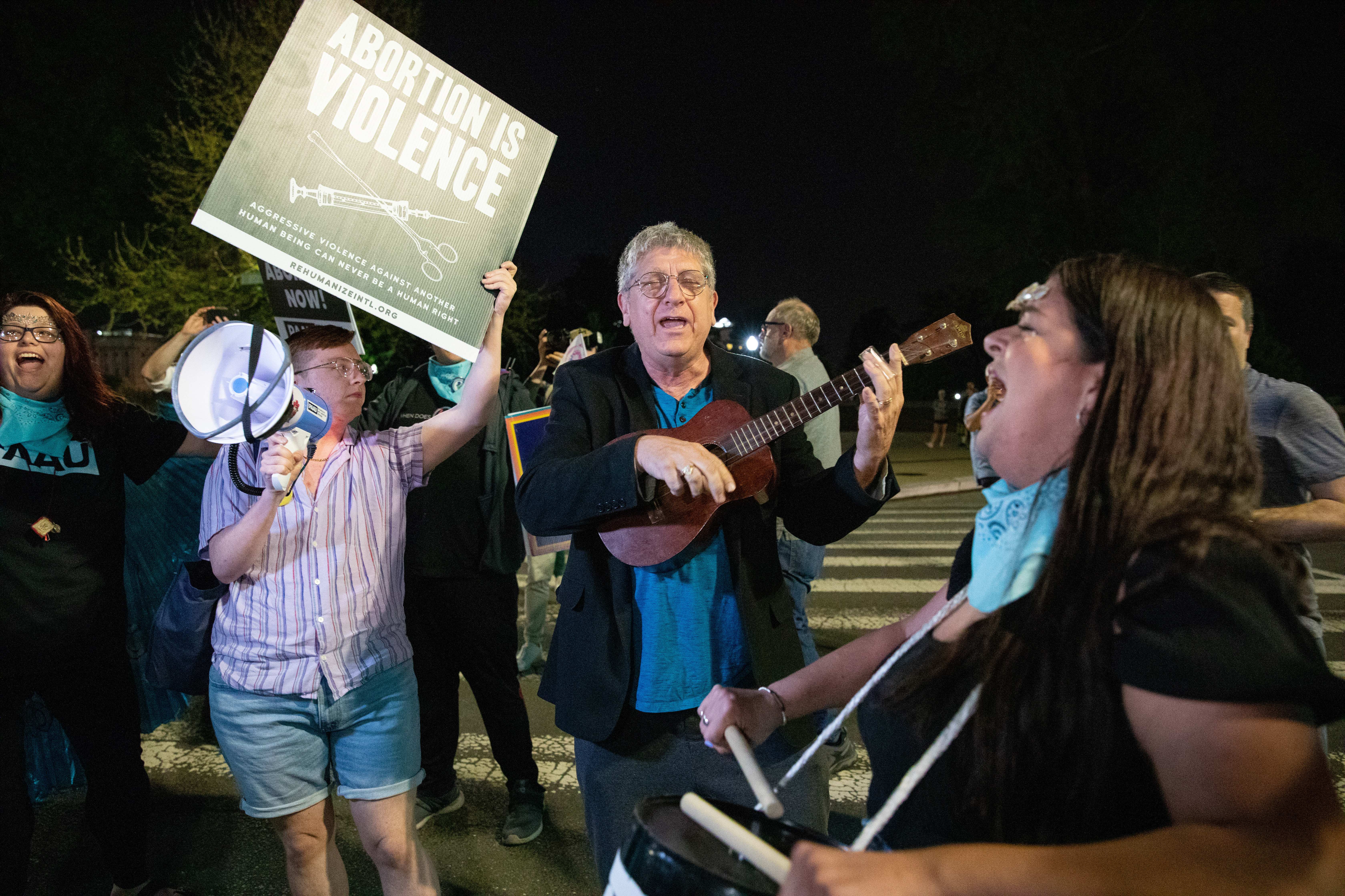 WASHINGTON, D.C. &#8211; May 2: Anti-abortion protesters celebrate and sing in front of the Supreme Court after news broke that Roe V. Wade is set to be overturned in Washington, D.C. on May 2, 2022. (Amanda Andrade-Rhoades/For The Washington Post via Getty Images)