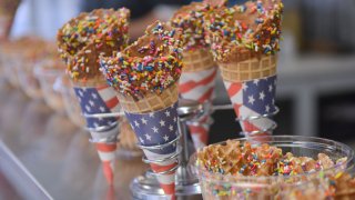 Ice cream cones with rainbow sprinkles on the counter. At the Carvel store owned by Frank Pilat on North Fifth Street Highway in Muhlenberg Township Friday afternoon 12/12/2014. Photo by Ben Hasty (Photo By Ben Hasty/MediaNews Group/Reading Eagle via Getty Images)