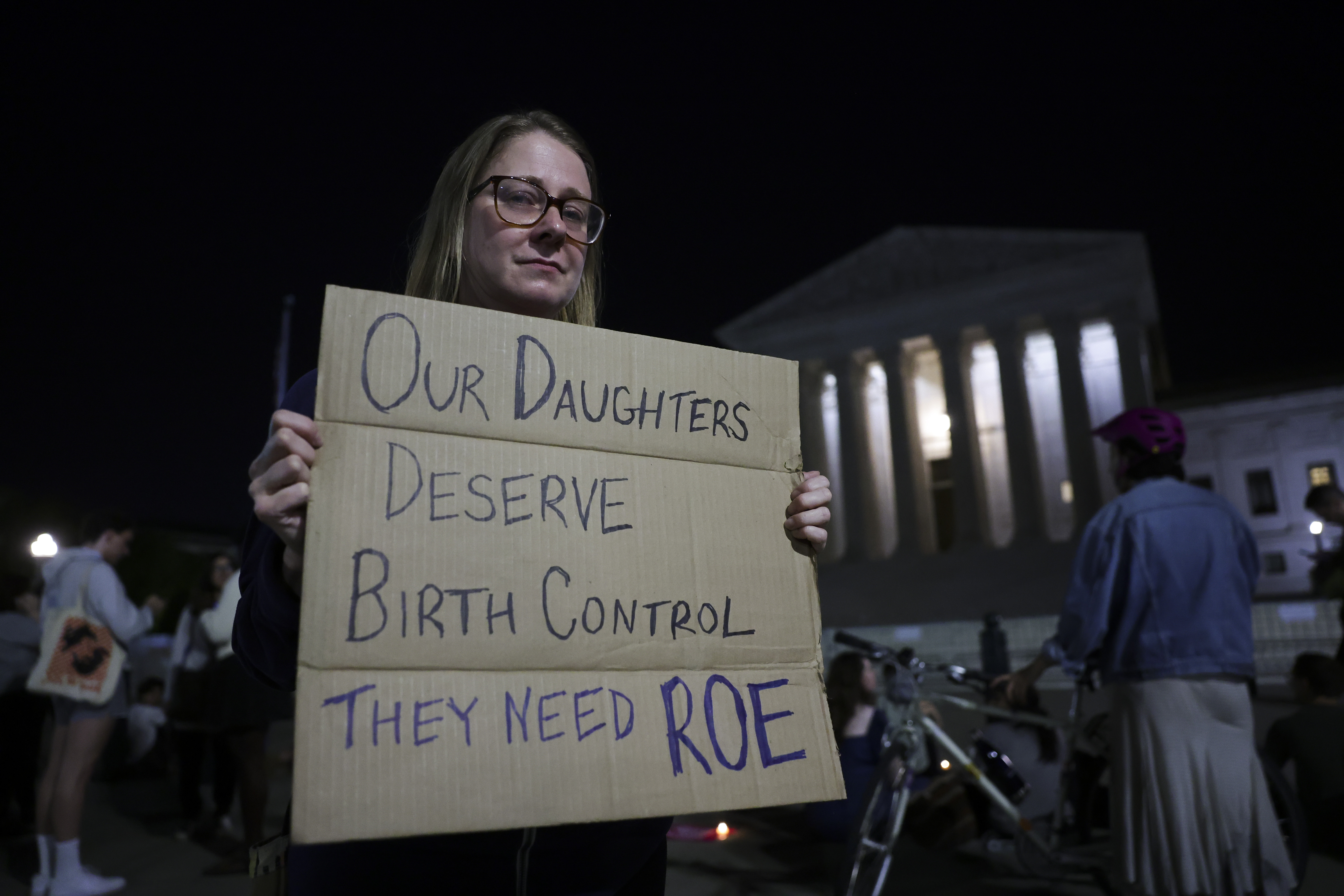 WASHINGTON, DC &#8211; MAY 02: A demonstrator holds a sign outside of the U.S. Supreme Court on May 02, 2022 in Washington, DC. In an initial draft majority opinion obtained by Politico, Supreme Court Justice Samuel Alito allegedly wrote that the cases Roe v. Wade and Planned Parenthood of Southeastern v. Casey should be overruled, which would end federal protection of abortion rights across the country. (Photo by Kevin Dietsch/Getty Images)