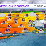 A map showing the forecast for Thursday, May 31, 2022, in New England.