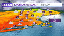 A map showing the forecast for Thursday, May 31, 2022, in New England.