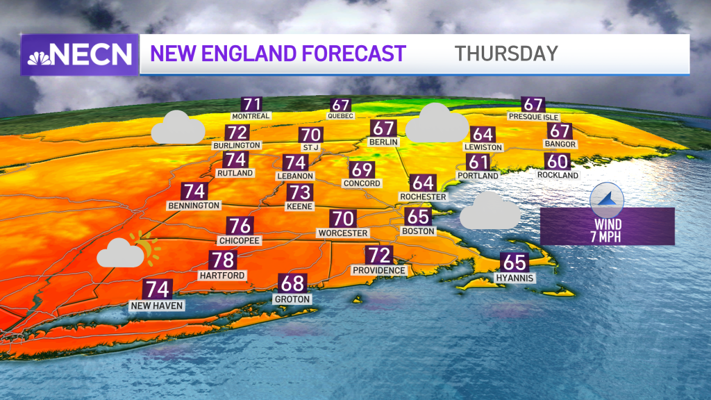 A map showing the forecast for Thursday, May 31, 2022, in New England.