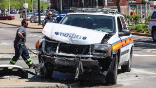A Boston EMS vehicle that was damaged in a crash on Tuesday, May 17, 2022.A Boston EMS vehicle that was damaged in a crash on Tuesday, May 17, 2022.