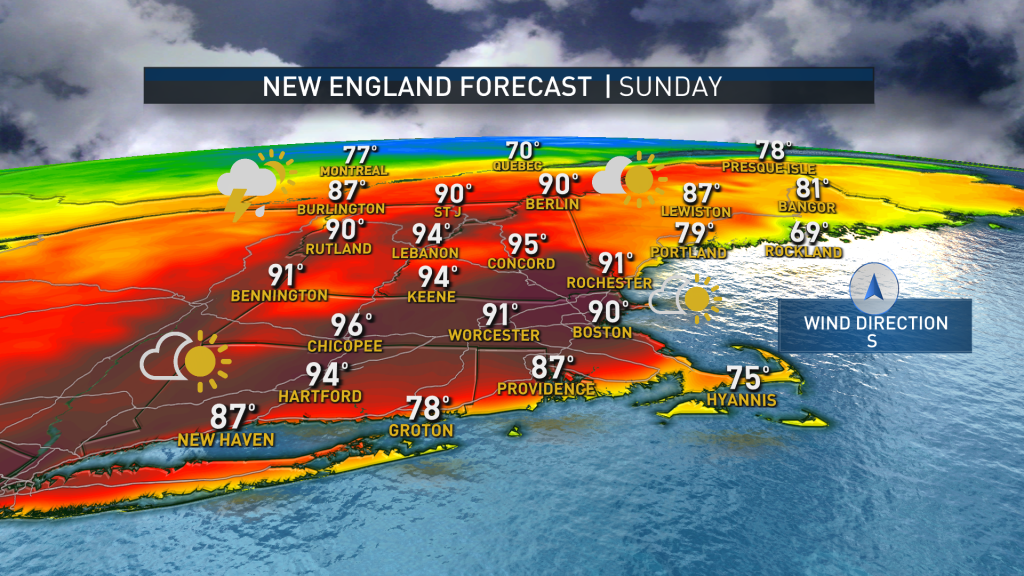 A map showing the expected high temperatures in New England on Sunday, May 22, 2022.