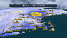A map showing peak wind gusts in New England since midnight on Tuesday, May 10, 2022.