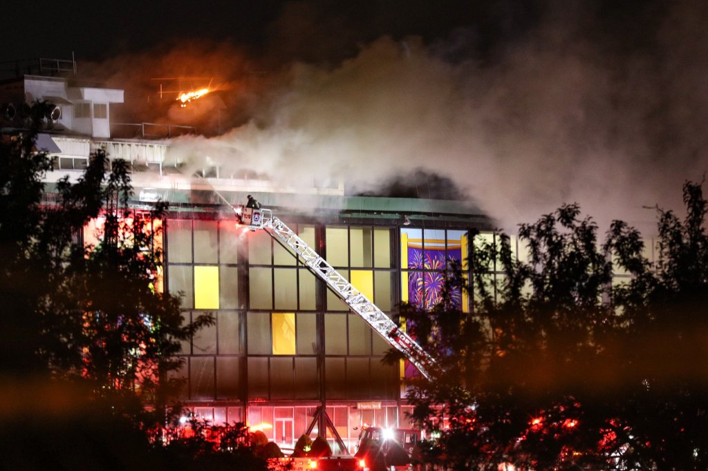 Firefighters battle a major blaze at Suffolk Downs, the former race track in East Boston, late Monday, May 30, 2022.